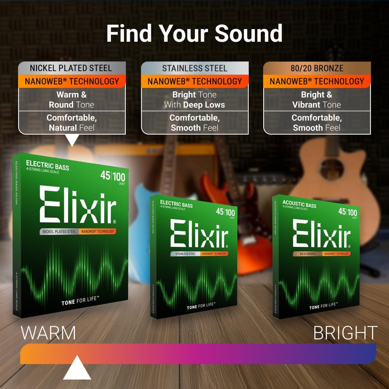 ELIXIR أوتار إلكسير مصنوعة من الفولاذ المطلي بالنيكل 4 أوتار بيز مع طلاء NANOWEB، مقياس طويل جداً، خفيف/متوسط (.045-.105) - Image 3